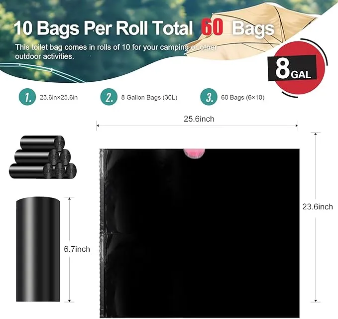 Portable Toilet Bags Drawstring 8 Gallon 60 Count，Camping Toilet Bags Toilet Trash Bags Leak-Proof, Waste Bags for Camping, Hiking, Traveling,Emergency, Outdoor Activities