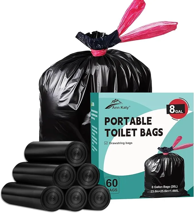 Portable Toilet Bags Drawstring 8 Gallon 60 Count，Camping Toilet Bags Toilet Trash Bags Leak-Proof, Waste Bags for Camping, Hiking, Traveling,Emergency, Outdoor Activities