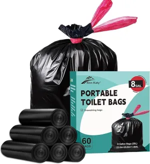 Portable Toilet Bags Drawstring 8 Gallon 60 Count，Camping Toilet Bags Toilet Trash Bags Leak-Proof, Waste Bags for Camping, Hiking, Traveling,Emergency, Outdoor Activities