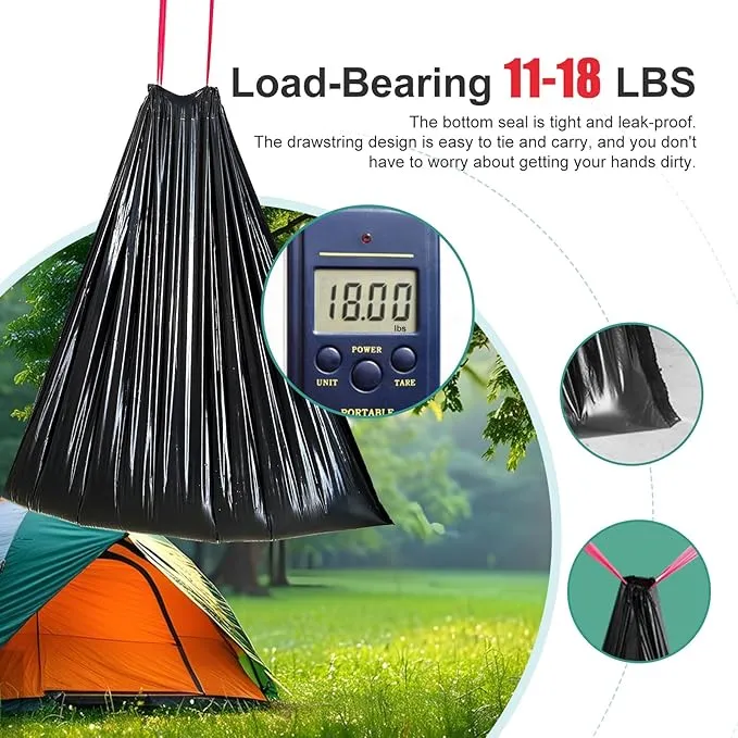Portable Toilet Bags Drawstring 8 Gallon 60 Count，Camping Toilet Bags Toilet Trash Bags Leak-Proof, Waste Bags for Camping, Hiking, Traveling,Emergency, Outdoor Activities