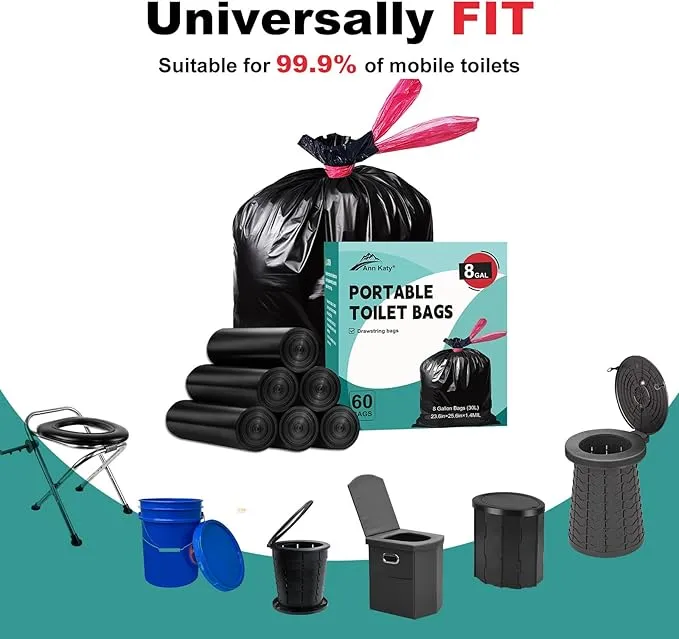 Portable Toilet Bags Drawstring 8 Gallon 60 Count，Camping Toilet Bags Toilet Trash Bags Leak-Proof, Waste Bags for Camping, Hiking, Traveling,Emergency, Outdoor Activities