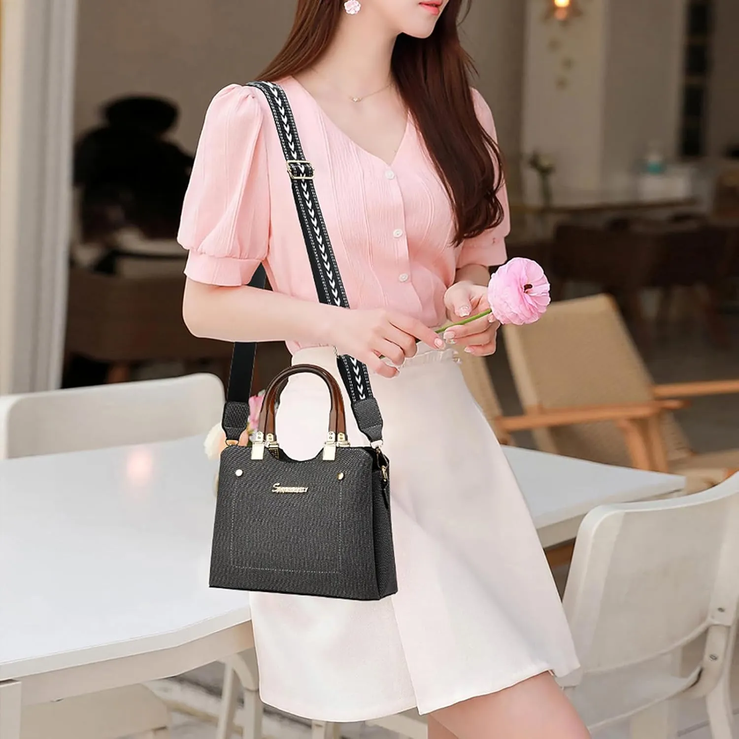 PORT&LOTUS Small Double Top Handle Crossbody Purses for Women Shoulder Bags for Women with Guitar Strap
