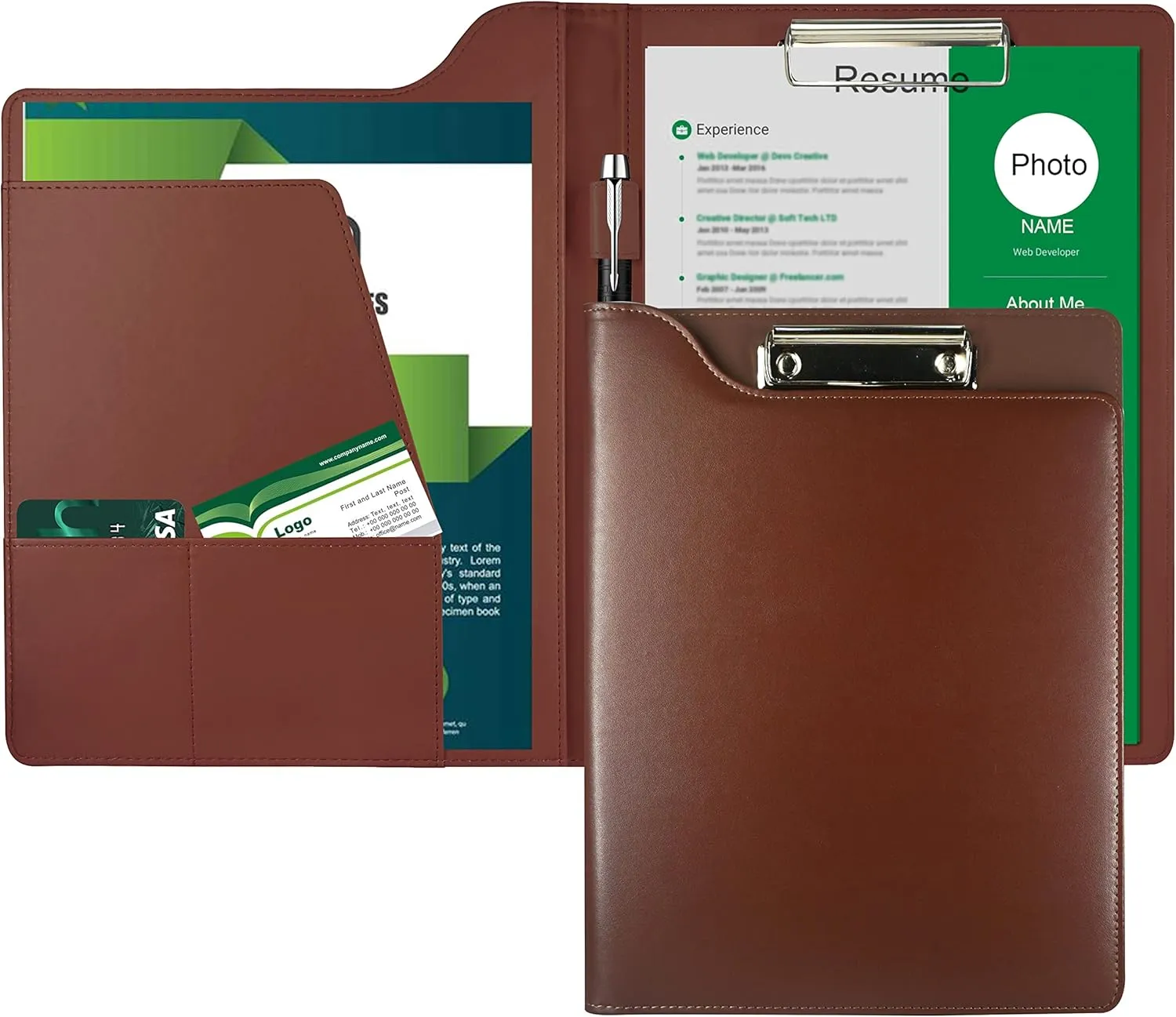 Portfolio Folder Binder-Business Leather A4 Padfolio Portfolio, Durable and Lightweight Conference Interview Resume Document Binder Organizer with Card Holder Writing Pad, Brown