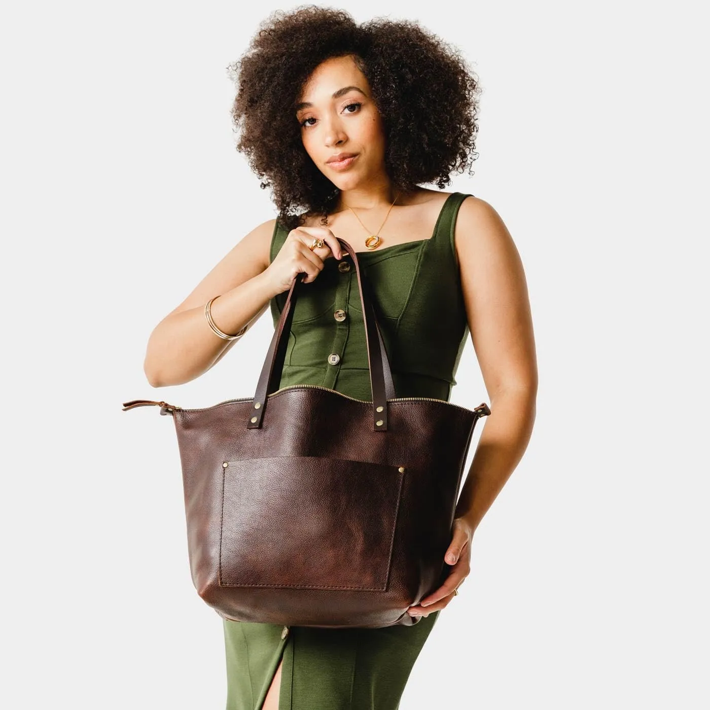 Portland Leather Goods Medium Zipper Tote Bag – Handmade, Durable & Unlined – Interior & Exterior Pockets