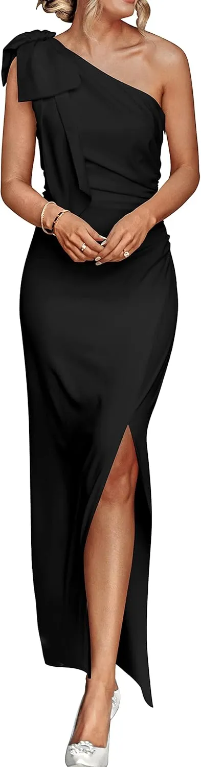 PRETTYGARDEN Summer One Shoulder Long Formal Women's Dress Sleeveless Ruched Bodycon Wedding Guest Slit Maxi Dresses