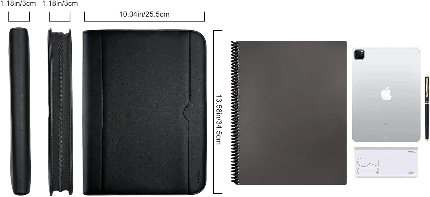 ProCase Portfolio Business Padfolio Folder with Zipper, Conference Meeting Executive File Legal Document Organizer with Pockets Letter Size A4 Writing Pad Notepad Padfolio for Father's Day Gift -Black