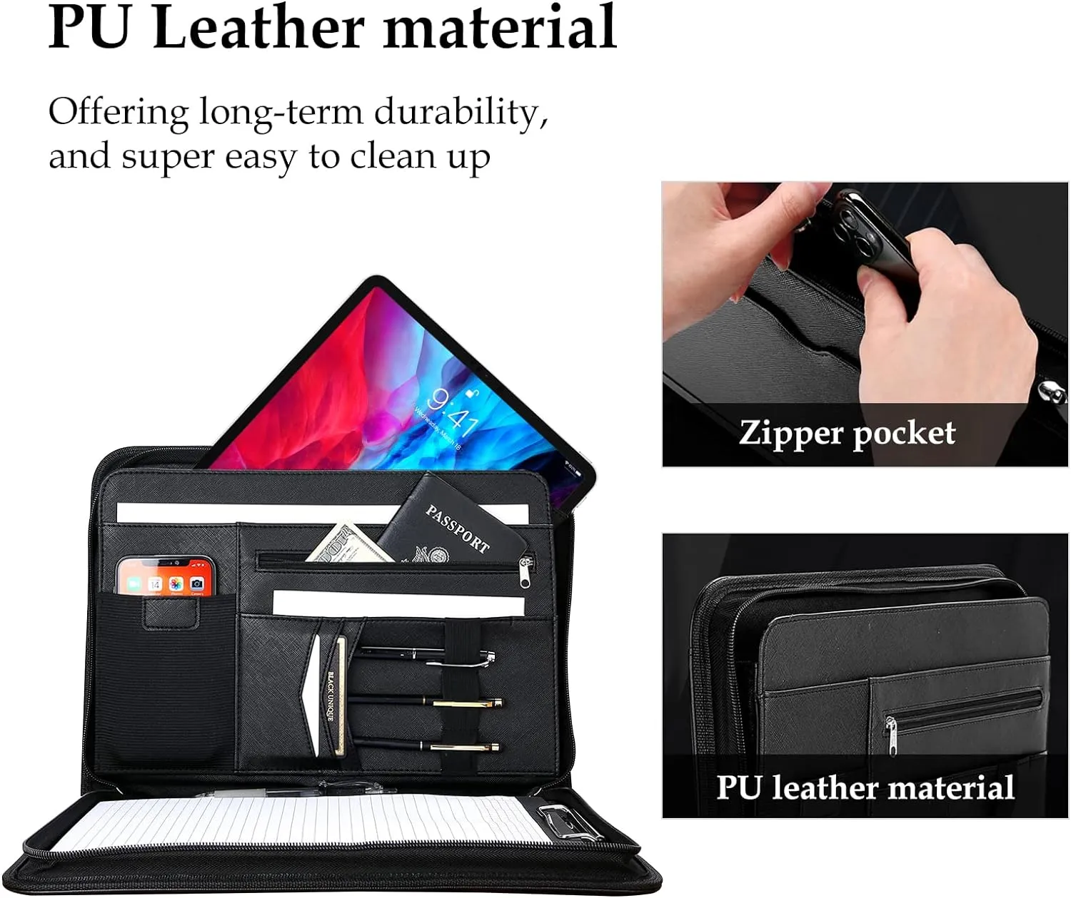 ProCase Portfolio Business Padfolio Folder with Zipper, Conference Meeting Executive File Legal Document Organizer with Pockets Letter Size A4 Writing Pad Notepad Padfolio for Father's Day Gift -Black