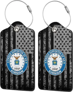 Proud Supporter of an Airman Air Force Leather Baggage Bag Luggage Tags with Privacy Cover and Stainless Steel Loop