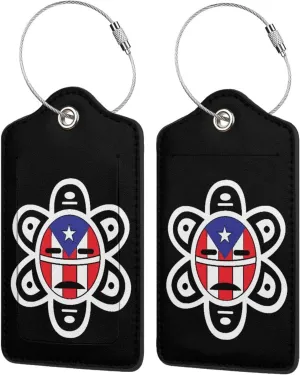 Puerto Rico Flag Sun Tribal Sol Taino Luggage Tags for Travel, Stainless Steel & Leather, Personalized Engraved, Durable Bag Tags 2 PCS