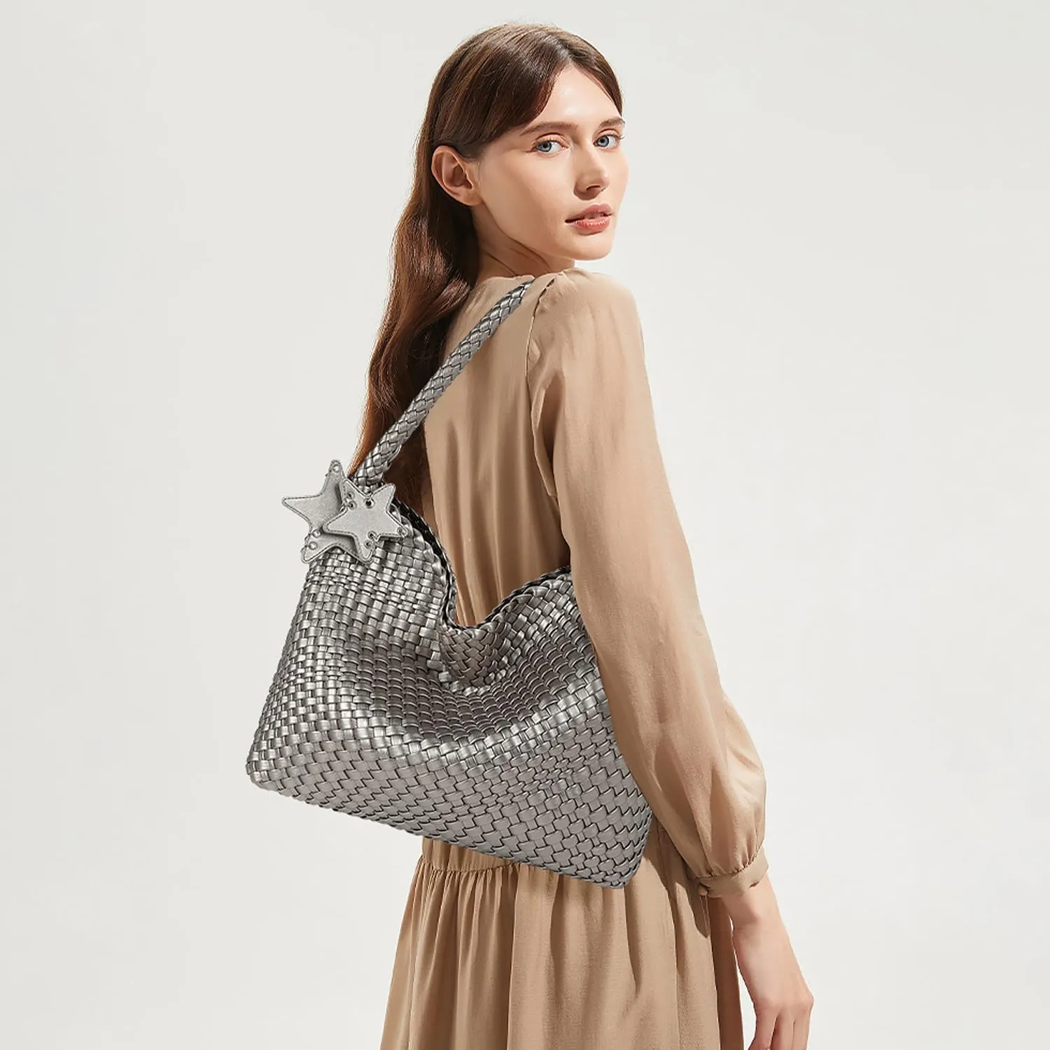 Queenoris Woven Tote Bag for Women, Fashion Vegan Leather Shoulder Handbags Summer Beach Bag Top-handle Travel Totes