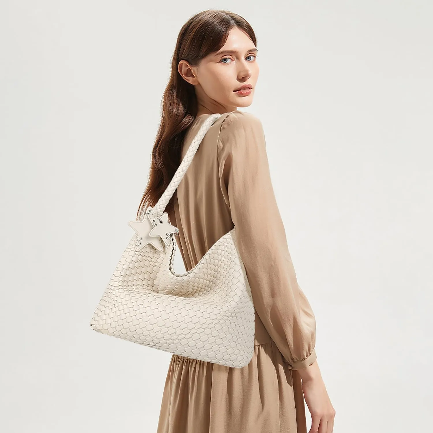 Queenoris Woven Tote Bag for Women, Fashion Vegan Leather Shoulder Handbags Summer Beach Bag Top-handle Travel Totes