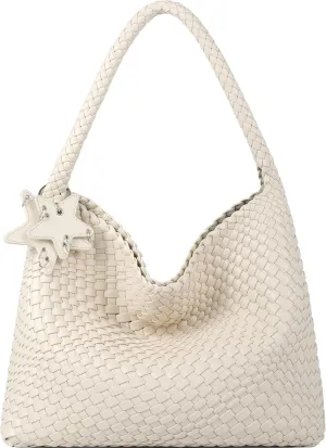 Queenoris Woven Tote Bag for Women, Fashion Vegan Leather Shoulder Handbags Summer Beach Bag Top-handle Travel Totes