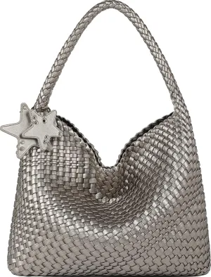 Queenoris Woven Tote Bag for Women, Fashion Vegan Leather Shoulder Handbags Summer Beach Bag Top-handle Travel Totes