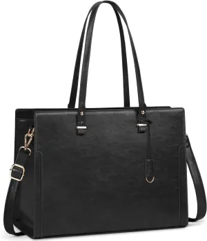 RAINSMORE Laptop Bag for Women 15.6 Inch Vintage Leather Professional Work Tote Bag Waterproof Computer Bag Shoulder Bag (Black)