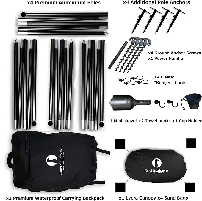 Red Suricata Premium Multi-Terrain Beach Tent & Beach Canopy in Backpack, UPF50 Sun Beach Shade, Pop Up Camping & Picnic Sunshade with 4 Poles, 4 Pole Anchors & 4 Tent Screws, Sun Shelter (Lrg Black)