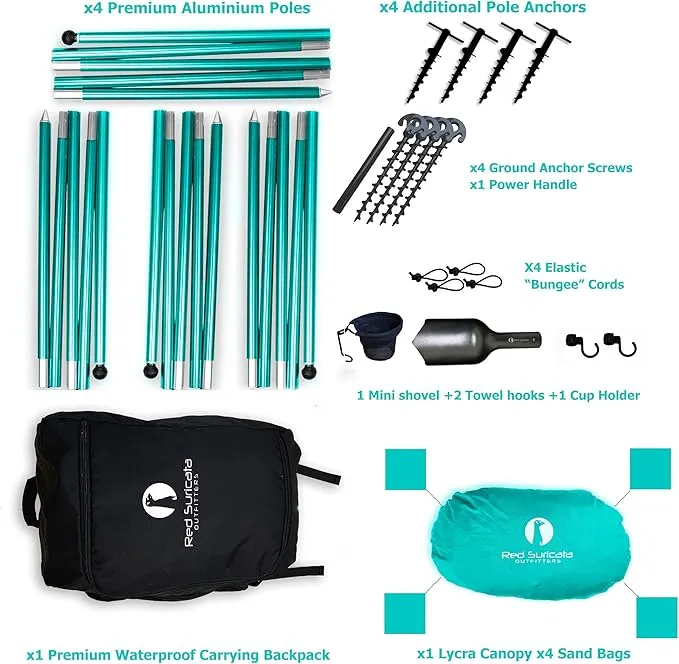 Red Suricata Premium Multi-Terrain Beach Tent & Beach Canopy in Backpack, UPF50 Sun Beach Shade, Pop Up Camping & Picnic Sunshade with 4 Poles, 4 Pole Anchors & 4 Tent Screws, Sun Shelter (Lrg Turq)