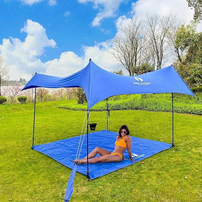Red Suricata Premium Multi-Terrain Beach Tent & Beach Canopy in Backpack, UPF50 Sun Beach Shade, Pop Up Camping & Picnic Sunshade with 4 Poles, 4 Pole Anchors & 4 Tent Screws, Sun Shelter (Med Blue)