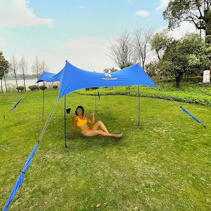 Red Suricata Premium Multi-Terrain Beach Tent & Beach Canopy in Backpack, UPF50 Sun Beach Shade, Pop Up Camping & Picnic Sunshade with 4 Poles, 4 Pole Anchors & 4 Tent Screws, Sun Shelter (Med Blue)