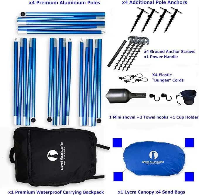 Red Suricata Premium Multi-Terrain Beach Tent & Beach Canopy in Backpack, UPF50 Sun Beach Shade, Pop Up Camping & Picnic Sunshade with 4 Poles, 4 Pole Anchors & 4 Tent Screws, Sun Shelter (Med Blue)