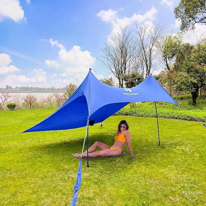 Red Suricata Premium Multi-Terrain Beach Tent & Beach Canopy in Backpack, UPF50 Sun Beach Shade, Pop Up Camping & Picnic Sunshade with 4 Poles, 4 Pole Anchors & 4 Tent Screws, Sun Shelter (Med Blue)