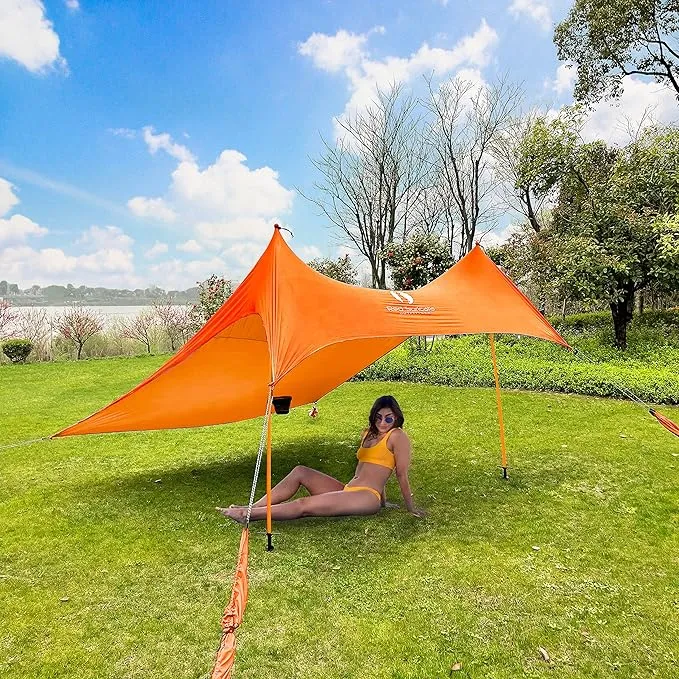Red Suricata Premium Multi-Terrain Beach Tent & Beach Canopy in Backpack, UPF50 Sun Beach Shade, Pop Up Camping & Picnic Sunshade with 4 Poles, 4 Pole Anchors & 4 Tent Screws, Sun Shelter (Med Orange)