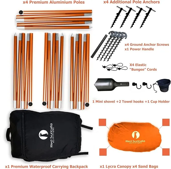 Red Suricata Premium Multi-Terrain Beach Tent & Beach Canopy in Backpack, UPF50 Sun Beach Shade, Pop Up Camping & Picnic Sunshade with 4 Poles, 4 Pole Anchors & 4 Tent Screws, Sun Shelter (Med Orange)