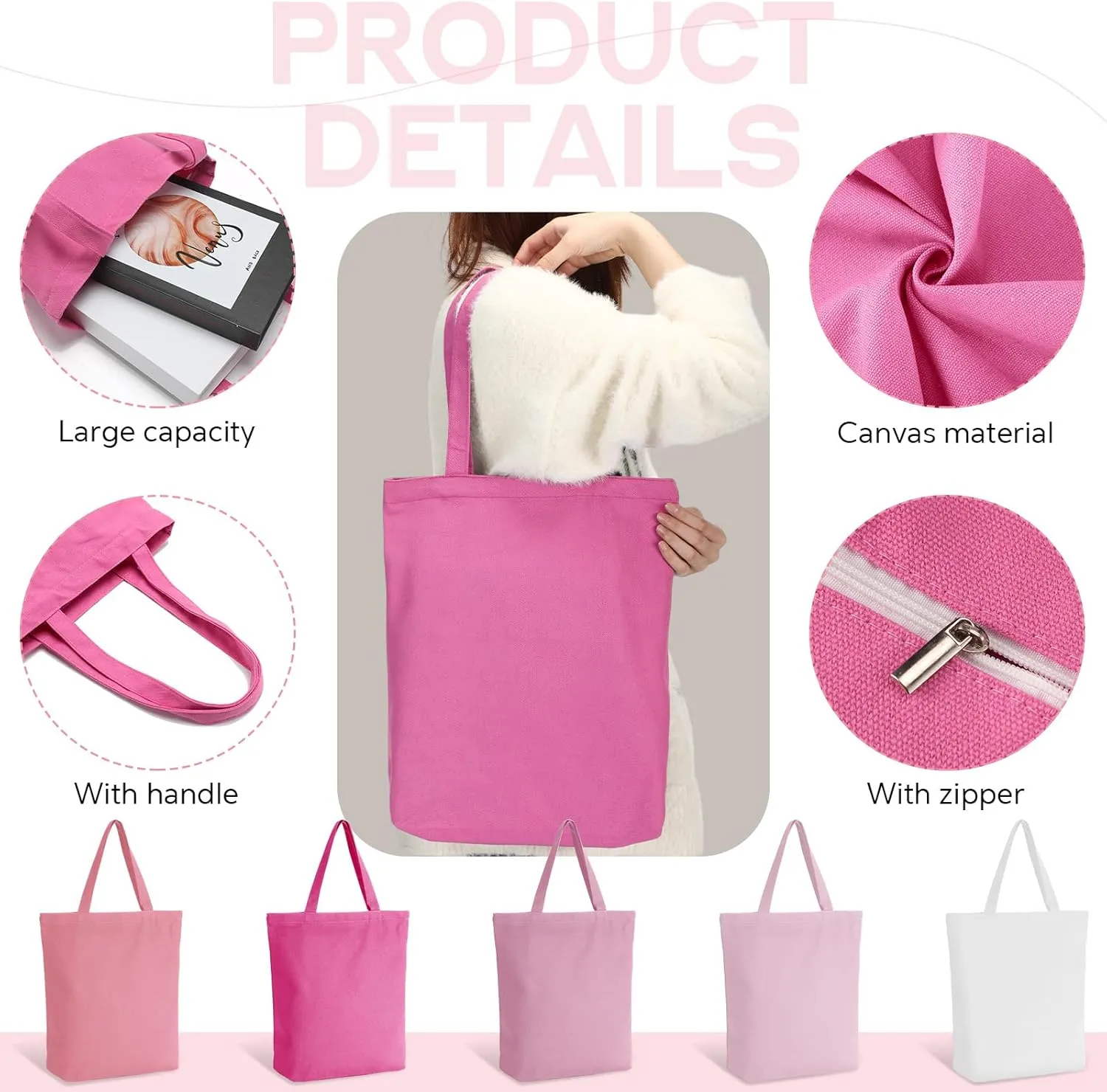 Reusable Canvas Grocery Shopping Tote Bags Bulk with Zipper and Handle Women Mom Teacher Nurse Wedding Mental Health Gifts(Pink,5 Pcs)