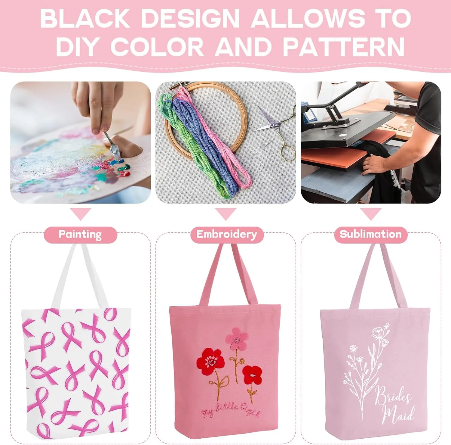 Reusable Canvas Grocery Shopping Tote Bags Bulk with Zipper and Handle Women Mom Teacher Nurse Wedding Mental Health Gifts(Pink,5 Pcs)
