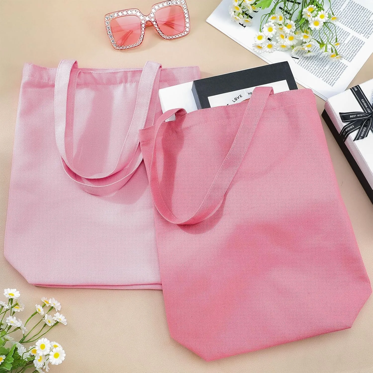 Reusable Canvas Grocery Shopping Tote Bags Bulk with Zipper and Handle Women Mom Teacher Nurse Wedding Mental Health Gifts(Pink,5 Pcs)