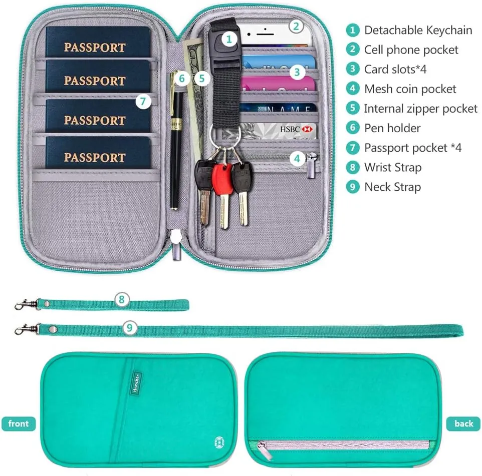 RFID Passport Wallet with Vaccine Card Slot, Family Travel Passport Holder Document Organizer Bag with Wrist & Neck Double Strap
