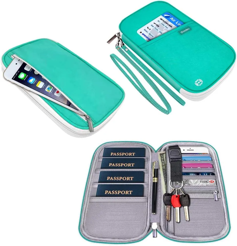RFID Passport Wallet with Vaccine Card Slot, Family Travel Passport Holder Document Organizer Bag with Wrist & Neck Double Strap