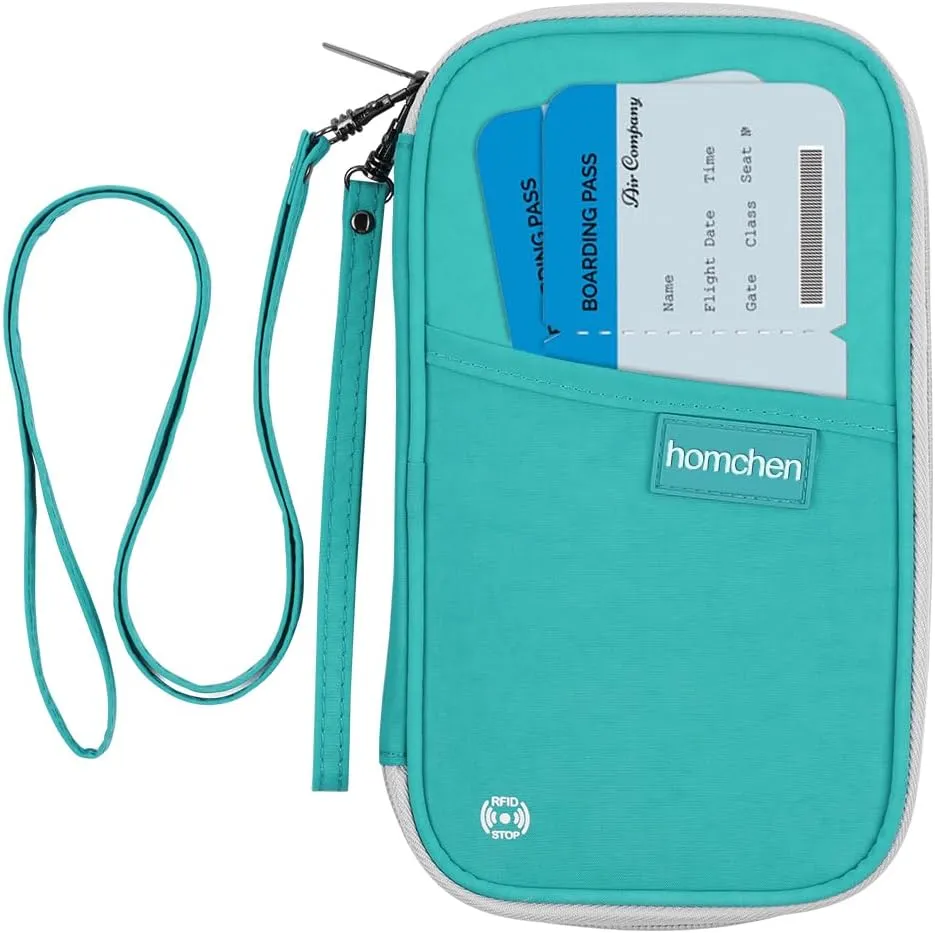 RFID Passport Wallet with Vaccine Card Slot, Family Travel Passport Holder Document Organizer Bag with Wrist & Neck Double Strap