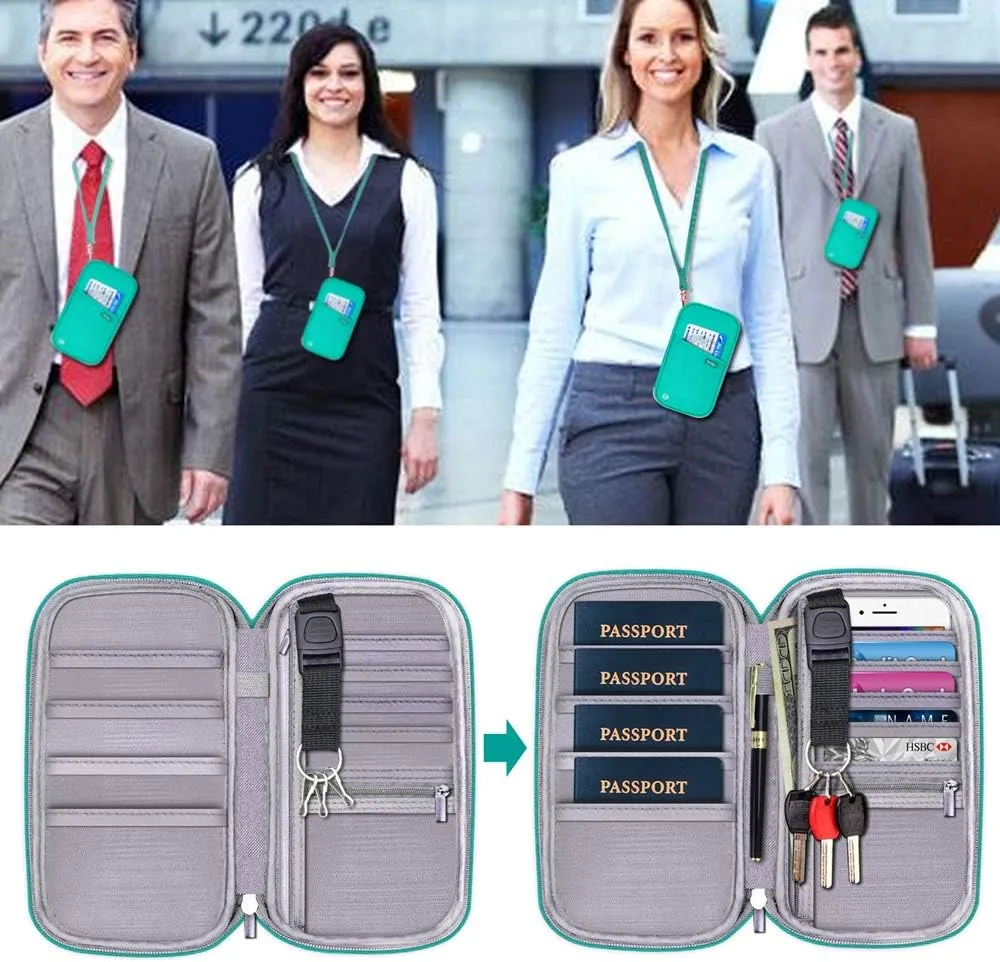 RFID Passport Wallet with Vaccine Card Slot, Family Travel Passport Holder Document Organizer Bag with Wrist & Neck Double Strap