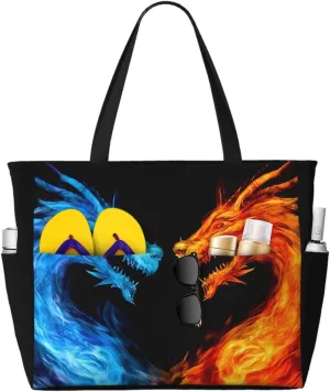 Rock and Roll Skull Skeleton Large Beach Tote Bag with Zipper, Hippie Pool Gym Bags for Women Weekender Travel