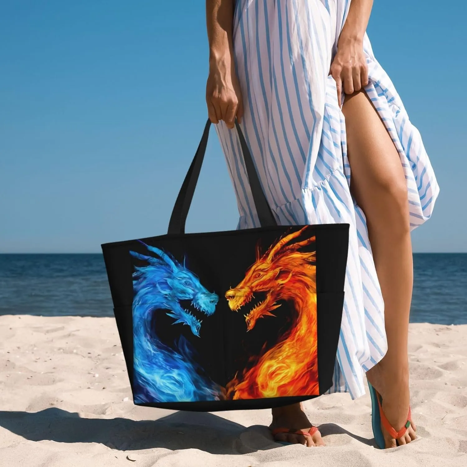 Rock and Roll Skull Skeleton Large Beach Tote Bag with Zipper, Hippie Pool Gym Bags for Women Weekender Travel