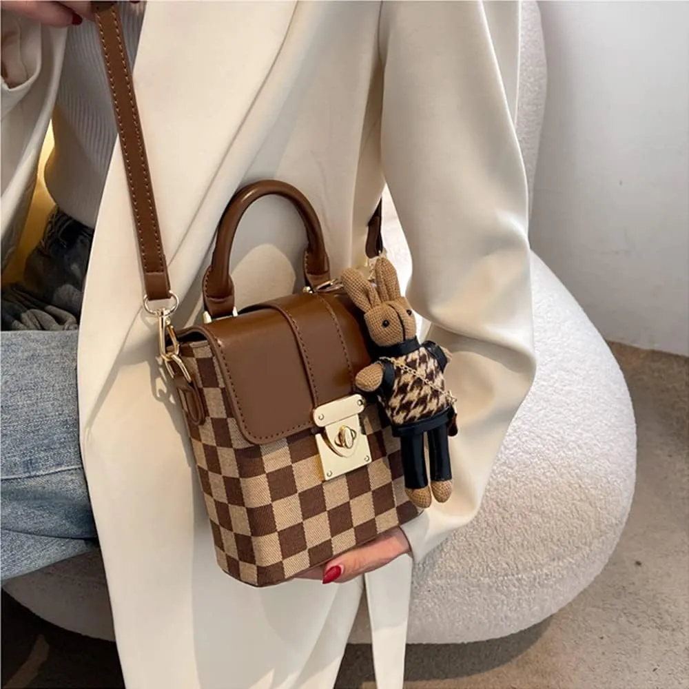 RTGGSEL Quilted Lattice Crossbody Shoulder Bags for Women Small Tote Square Satchel Handbags Purse with Bunny Doll Pendant
