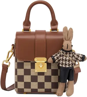 RTGGSEL Quilted Lattice Crossbody Shoulder Bags for Women Small Tote Square Satchel Handbags Purse with Bunny Doll Pendant