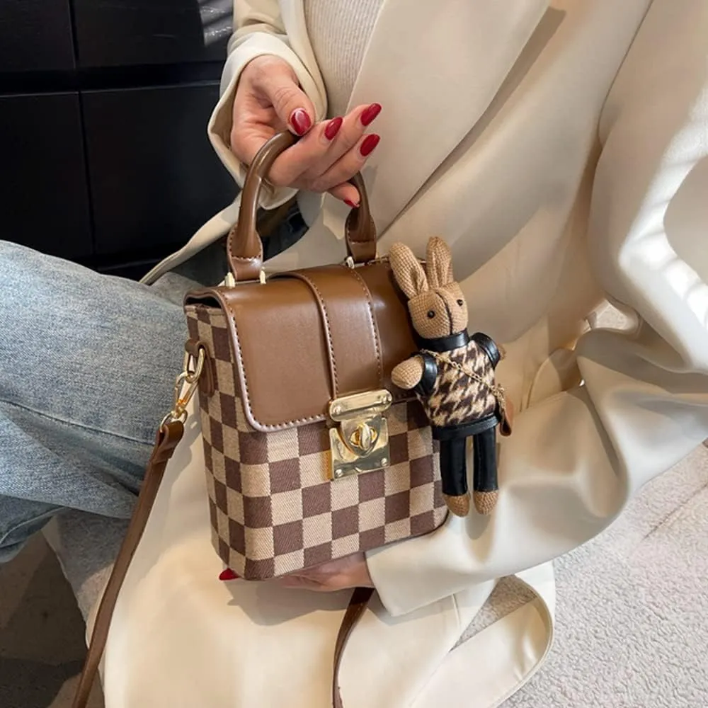 RTGGSEL Quilted Lattice Crossbody Shoulder Bags for Women Small Tote Square Satchel Handbags Purse with Bunny Doll Pendant