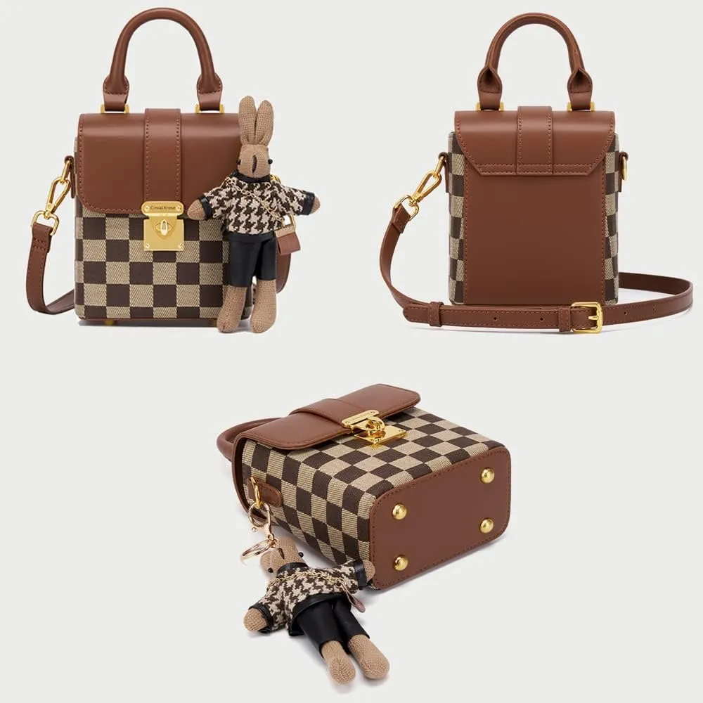 RTGGSEL Quilted Lattice Crossbody Shoulder Bags for Women Small Tote Square Satchel Handbags Purse with Bunny Doll Pendant