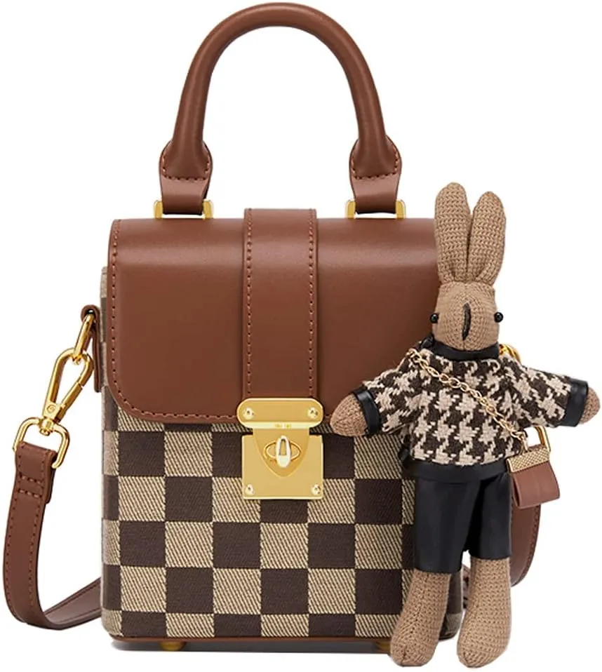 RTGGSEL Quilted Lattice Crossbody Shoulder Bags for Women Small Tote Square Satchel Handbags Purse with Bunny Doll Pendant