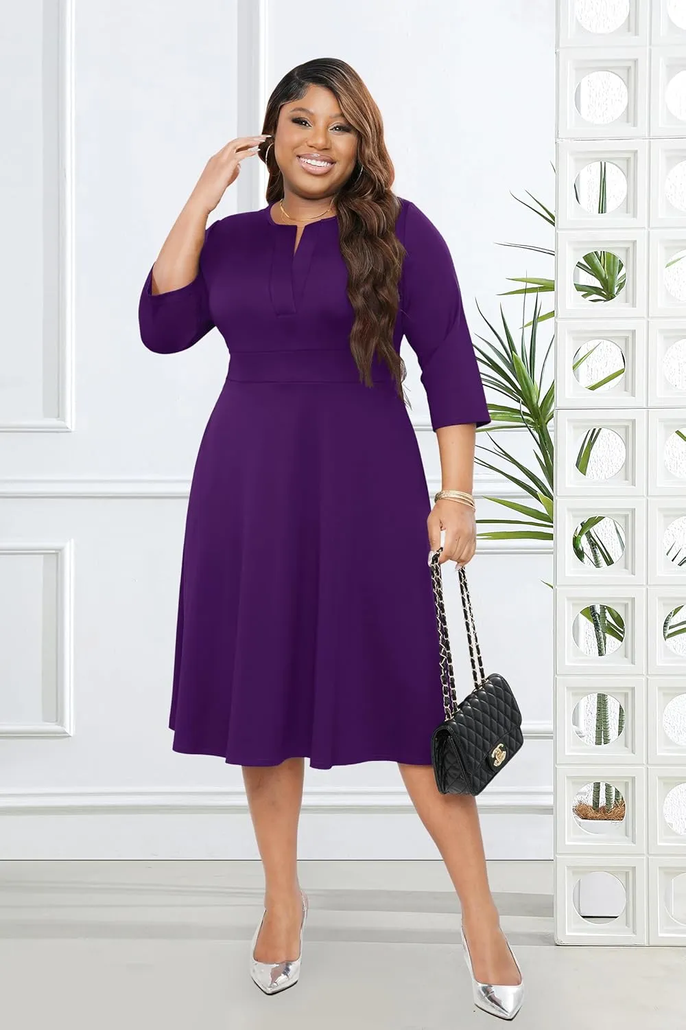 Runwind Plus Size Midi Dress for Women Cocktail Casual Church 3/4 Sleeve V Neck Work A-Line Dresses with Pockets