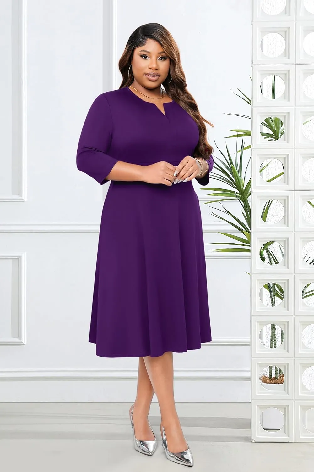 Runwind Plus Size Midi Dress for Women Cocktail Casual Church 3/4 Sleeve V Neck Work A-Line Dresses with Pockets