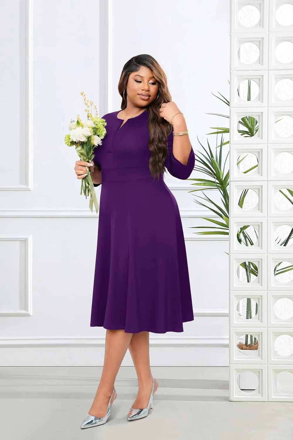 Runwind Plus Size Midi Dress for Women Cocktail Casual Church 3/4 Sleeve V Neck Work A-Line Dresses with Pockets
