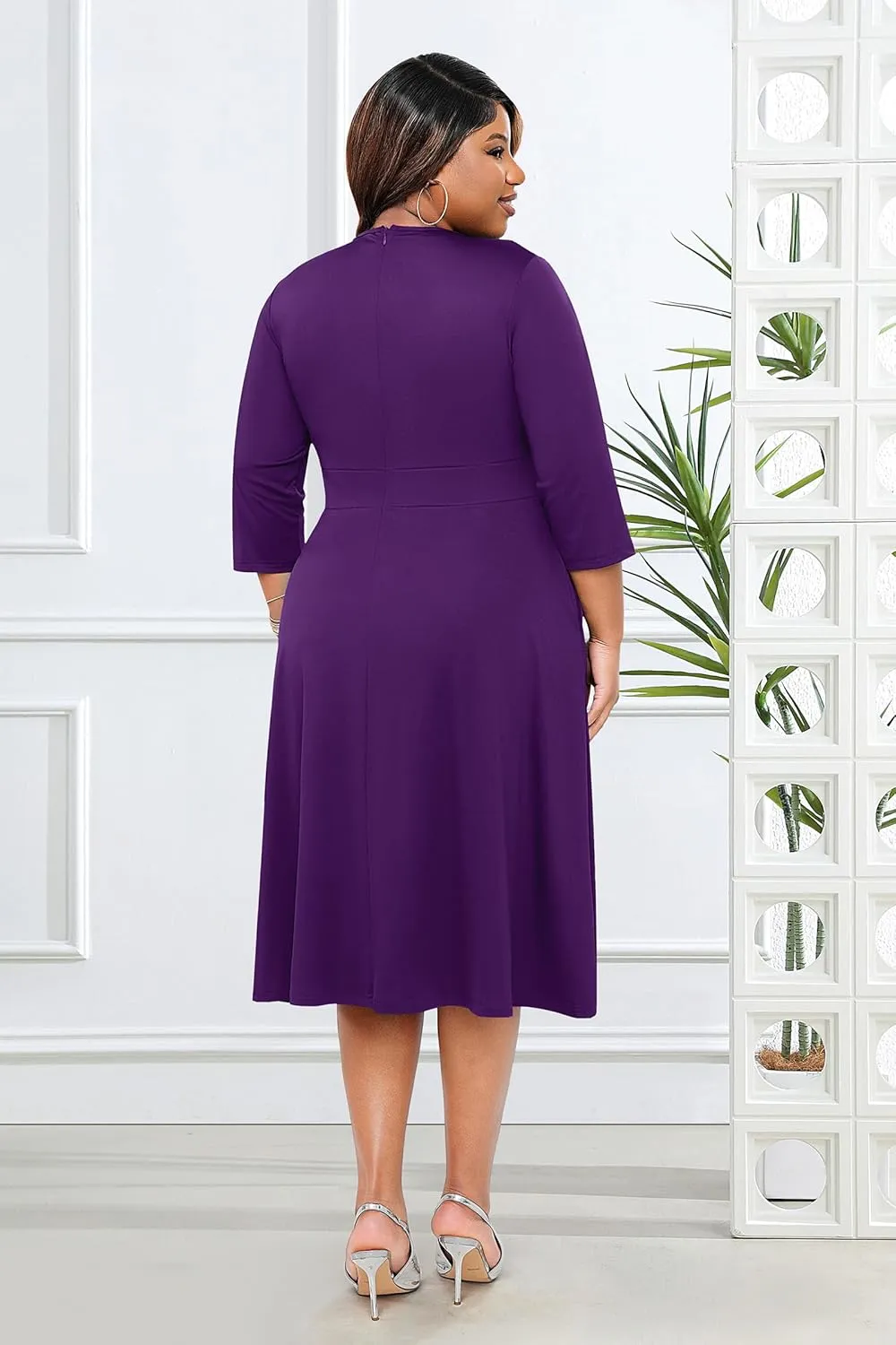 Runwind Plus Size Midi Dress for Women Cocktail Casual Church 3/4 Sleeve V Neck Work A-Line Dresses with Pockets