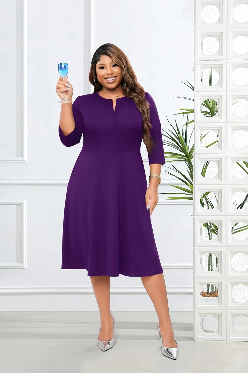 Runwind Plus Size Midi Dress for Women Cocktail Casual Church 3/4 Sleeve V Neck Work A-Line Dresses with Pockets