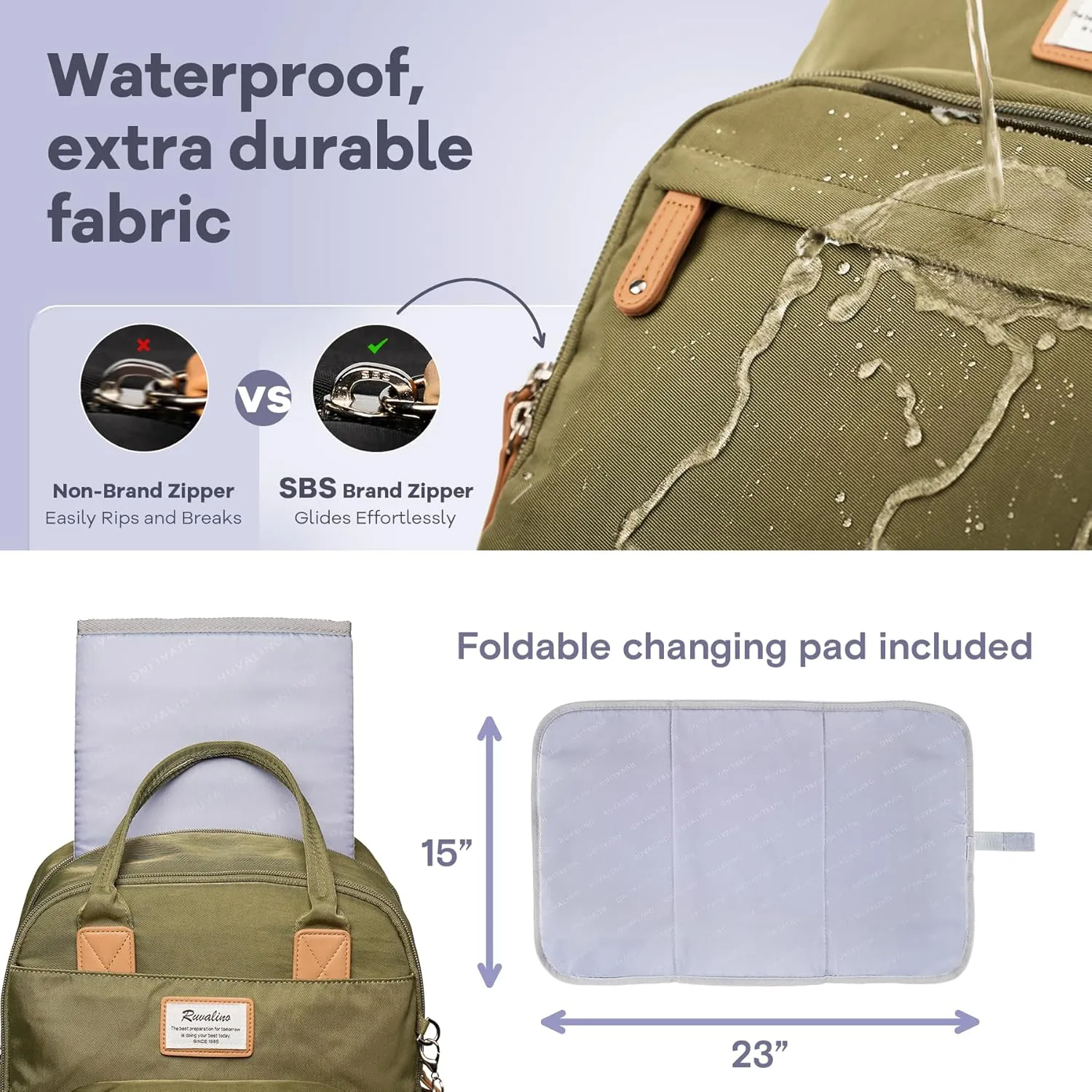 RUVALINO Diaper Bag Backpack - Multifunction Travel Back Pack Maternity Baby Changing Bags, Diaper Changing Totes, Large Capacity, Waterproof and Stylish, Baby Travel Essential, Army Green