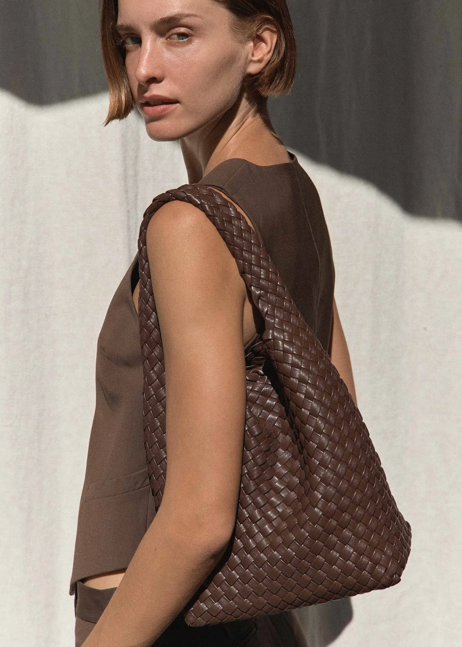 Rylan | Alt-Leather Small Woven Tote - Brown