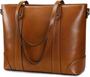 S-ZONE Leather Tote Bag for Women Office Shoulder Handbag 15.6 Inch Work Laptop Briefcase