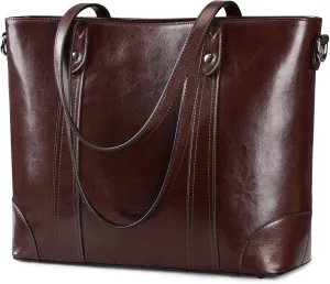 S-ZONE Leather Tote Bag for Women Office Shoulder Handbag 15.6 Inch Work Laptop Briefcase