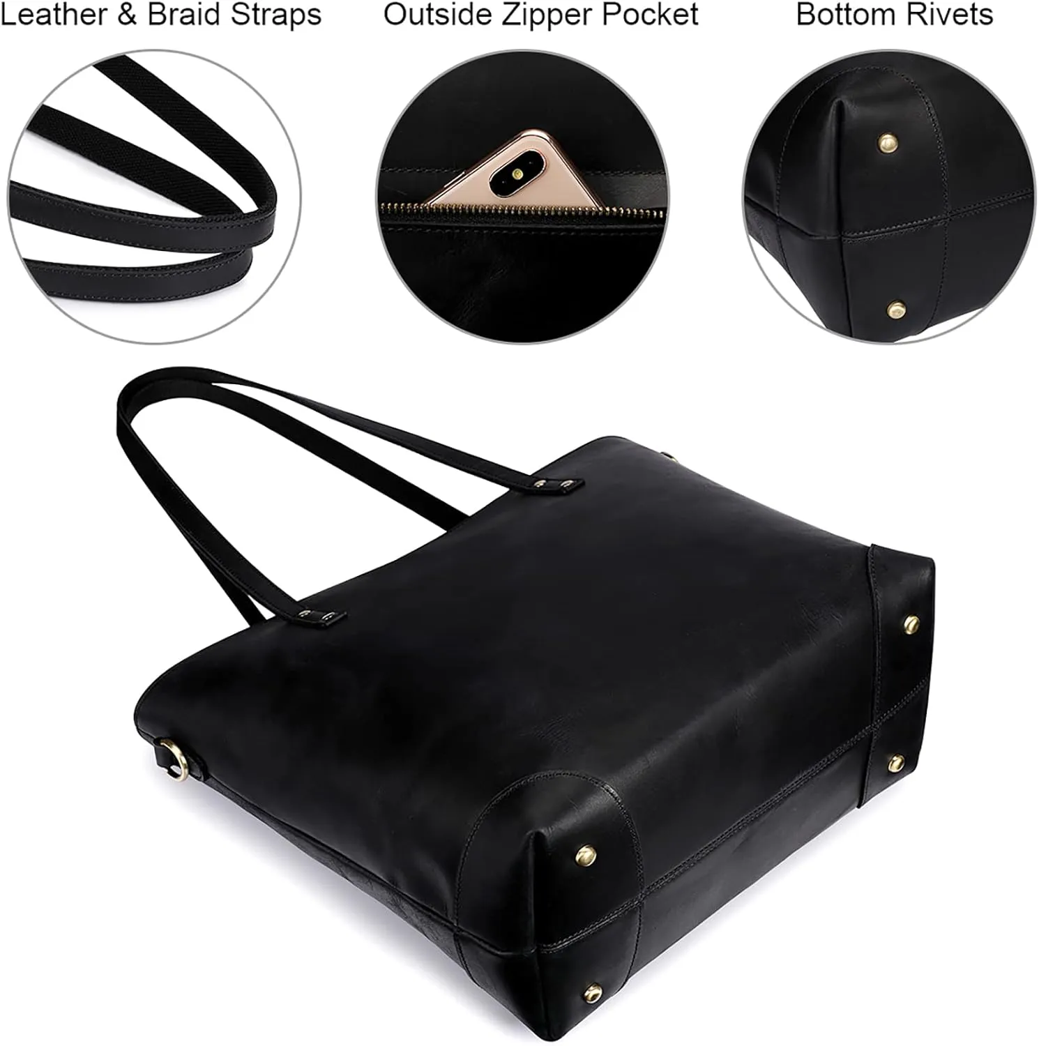 S-ZONE Vintage Genuine Leather Shoulder Bag Work Totes for Women Purse Handbag with Back Zipper Pocket Large